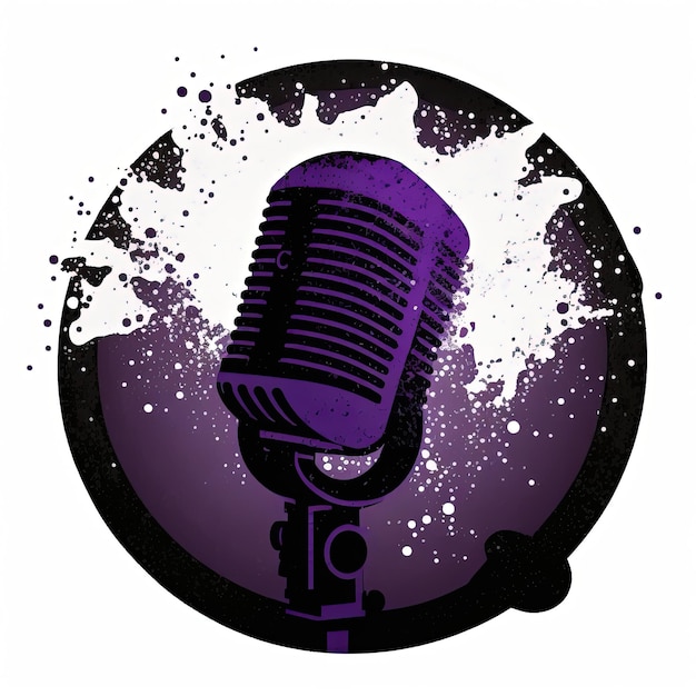 Photo microphone icon in purple circle, podcast logo, white background. generative ai