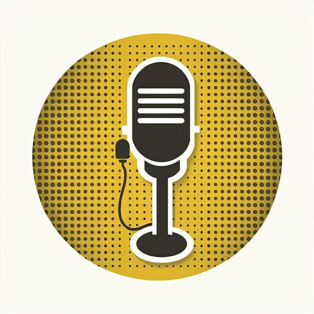 Microphone icon in yellow circle, podcast logo, white background. Generative AI