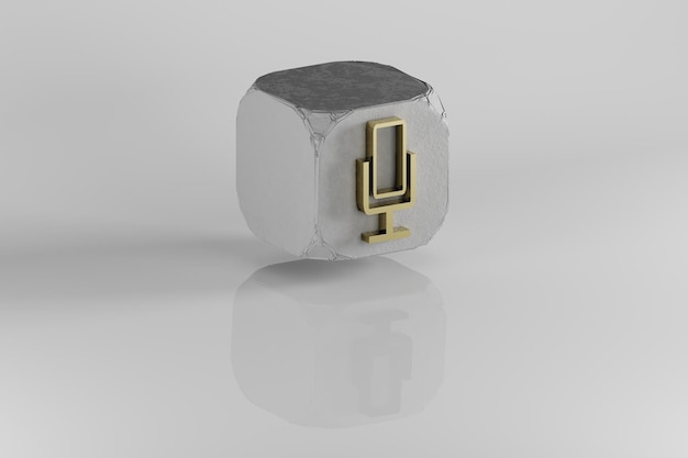 マイクのアイコン 黄色金色石の立方体と白い背景のマイクのシンボル 3D レンダリング