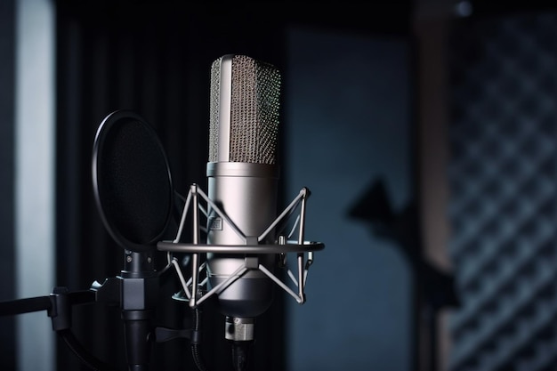 A microphone is in a dark room with a black background.