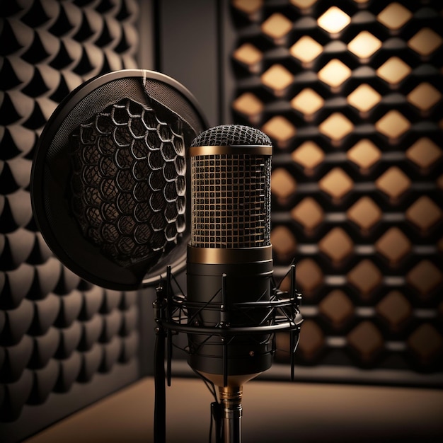 A microphone is in front of a wall with a diamond pattern on it.