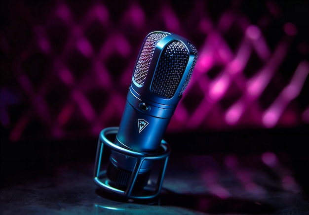 A microphone is seen in front of the dark background