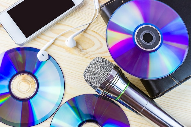 Microphone and music discs with headphones