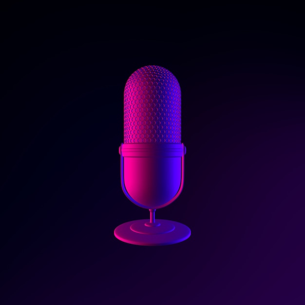 Microphone neon icon. 3d rendering ui ux interface element. Dark glowing symbol.