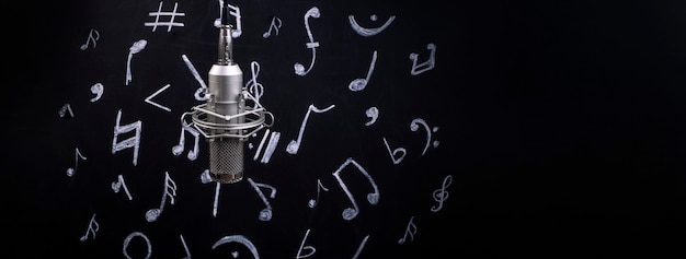 Фото Микрофон на фоне доски для мела с нарисованными нотами, панорамное изображение с пространством для текста, концепция музыкального времени