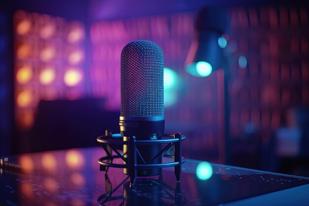 Microphone in a podcast room bokeh background gradient neon lights Generative AI