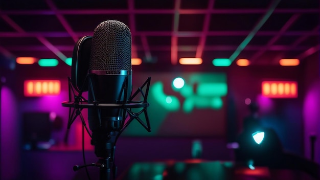 Microphone in a podcast studio with a blurred background