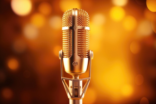 Photo microphone for recording studio with sound waves on golden background for podcasting broadcasting