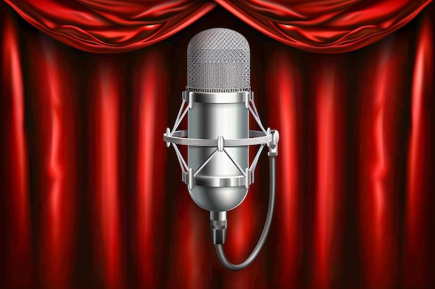 Microphone and red curtain realistic background as stage symbol