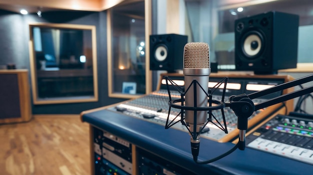 a microphone sits on a recording table in front of a sound board