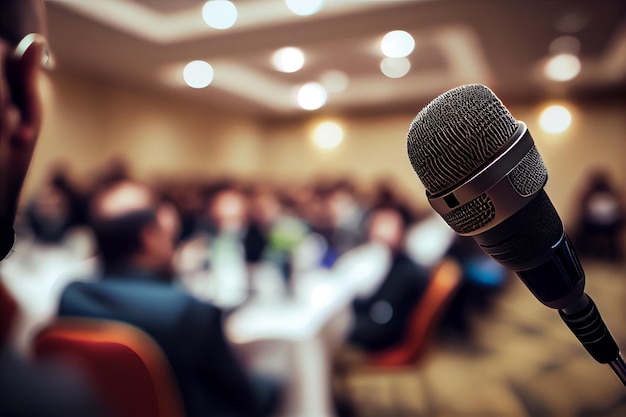 Foto microfono sul palco nella sala da concerto o nella sala conferenze con l'ia generativa di sfondo dei partecipanti