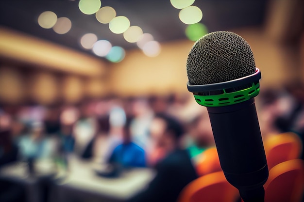 Microphone on stage in concert hall or conference room with attendee backgroundgenerative ai