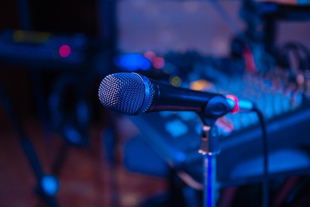 Microphone on stage microphone closeup a pub bar a restaurant\
music evening night show