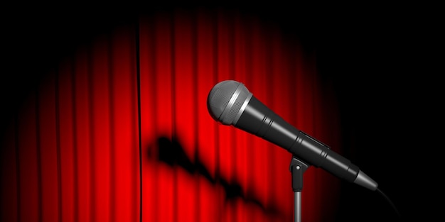 Microphone on the stage red curtain background 3d illustration