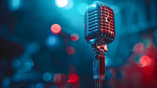 microphone on stage with bokeh background closeup
