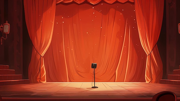 Photo a microphone on stage with red curtain and audience in the style of realistic landscapes soft