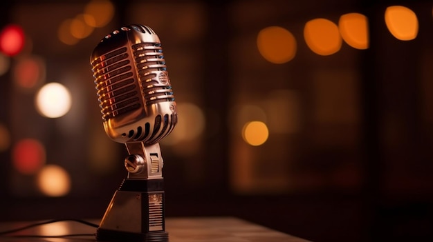 A microphone on a stand in a dark room with lights in the background