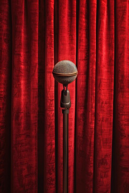 Photo a microphone on a stand in front of a red curtain perfect for music events or performances