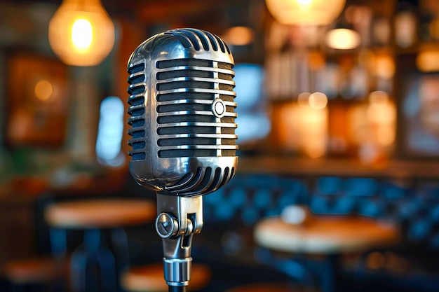 Microphone on stand in front of several chairs and tables