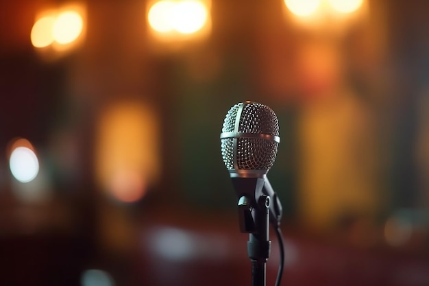 A microphone on a stand with lights in the background