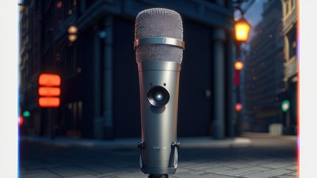 A microphone on a street at night with a lit street in the background.