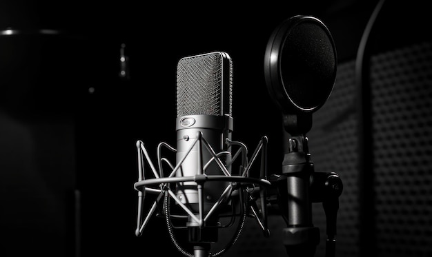 A microphone in a studio with a microphone in the background.