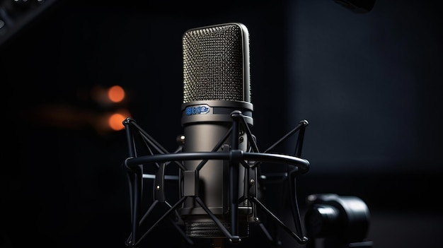 Microphone on the table in the recording studio closeup Podcasr studio AI generated