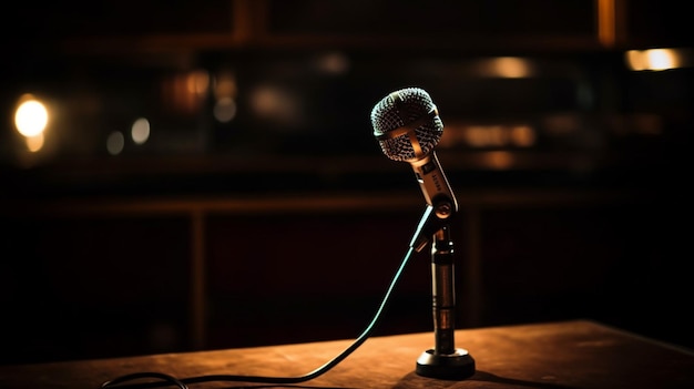 A microphone on a table with a light on it