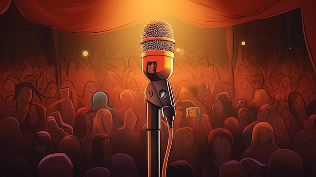 Photo a microphone that is on stage among many people in the style of orange and maroon