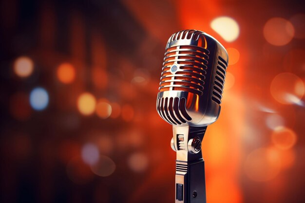 Photo a microphone that is on a table with orange backgroundmicrophone on stage under bright lights prof