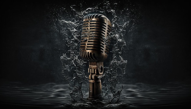 Microphone vintage black water backgroundGenerative AI