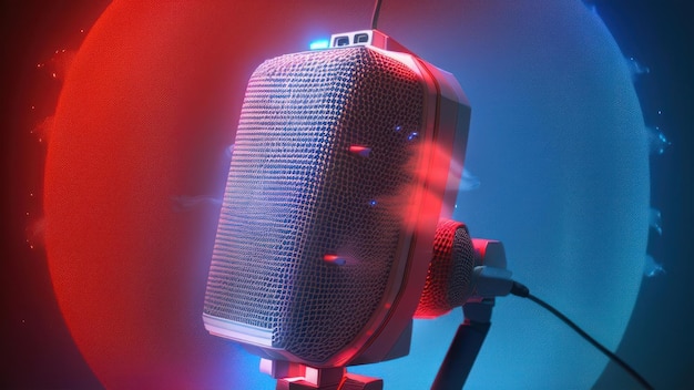 A microphone with a blue and red background that says'the sound of the world '