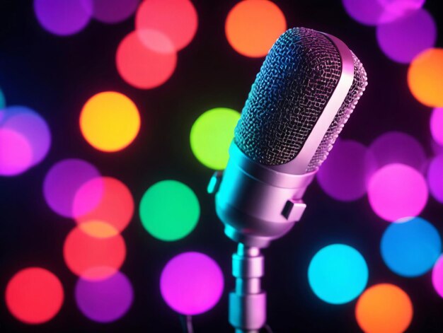 A Microphone With Colorful Lights In The Background