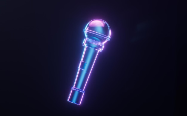 Microphone with dark neon light effect 3d rendering