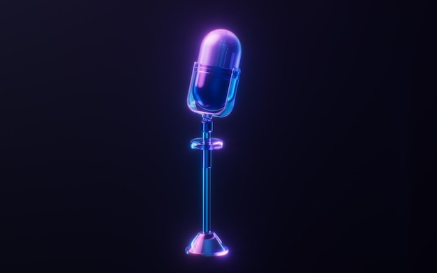 Microphone with dark neon light effect 3d rendering