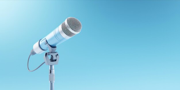 Photo a microphone with a floating white box as a news label on a blue background