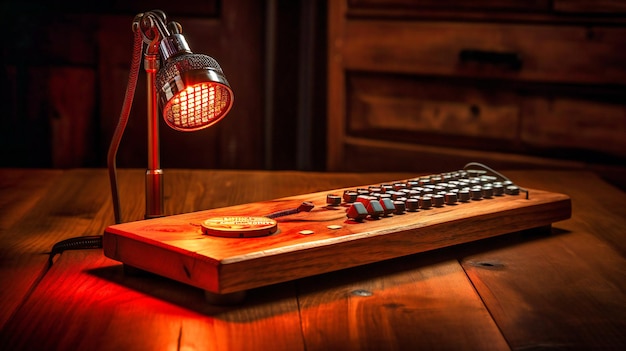 A microphone with keyboard on a wooden desk
