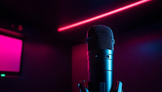 a microphone with red neon light coming through it