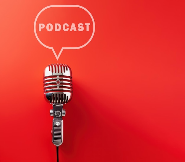 microphone with speech bubble and podcast lettering on red background