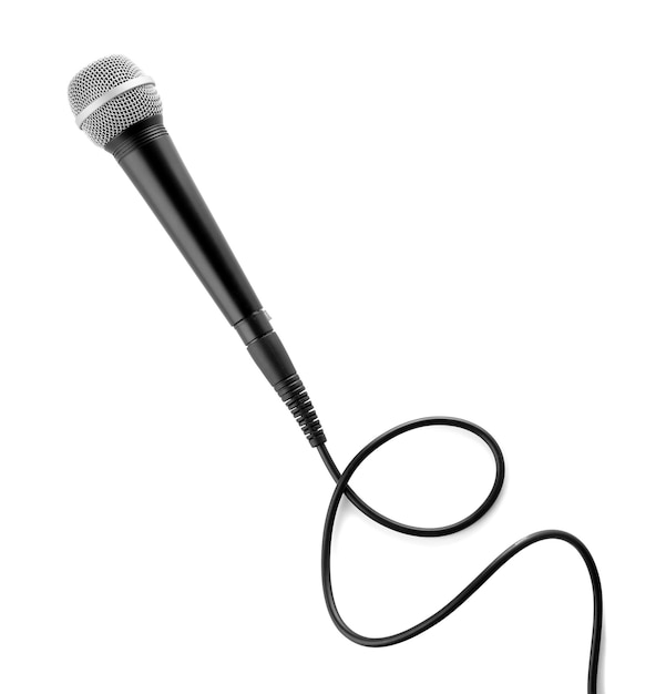 Microphone with wire on white background top view