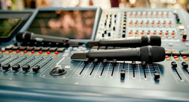 Microphones are on the sound console on the street before a live performance. High quality photo