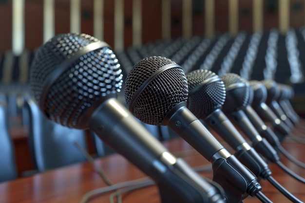 Микрофоны в конференц-зале или семинарском зале 3D-рендеринг Медиа-интервью в конферент-зале микрофоны пресс-конференция пресс-конფერენция генерируется ИИ