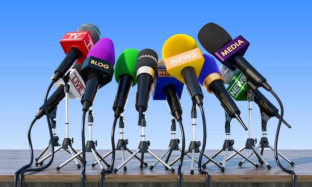 Photo microphones press conference or interview concept on the wooden table 3d rendering