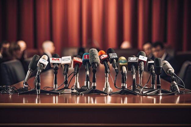 Microphones on the table in the conference hall Press conference Media interview in a conference room microphones press conference press conference AI Generated