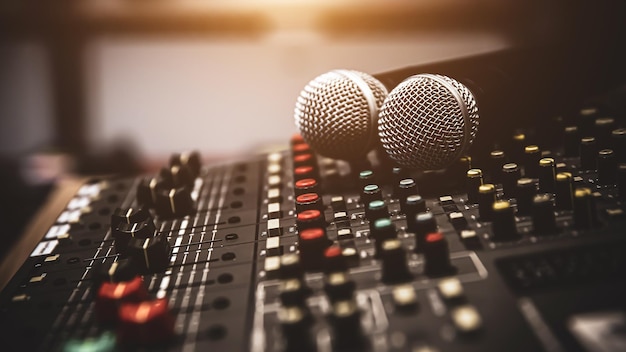 Microphones with sound mixer in studio