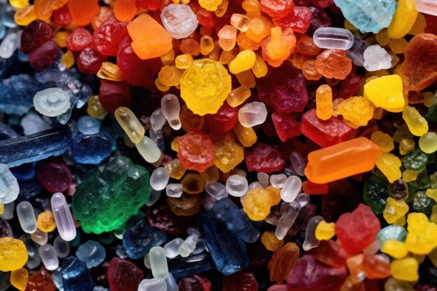 Microplastic beads in various shapes and colors under microscope created with generative ai