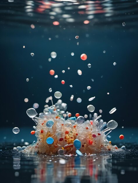 Photo microplastic particles float in the water