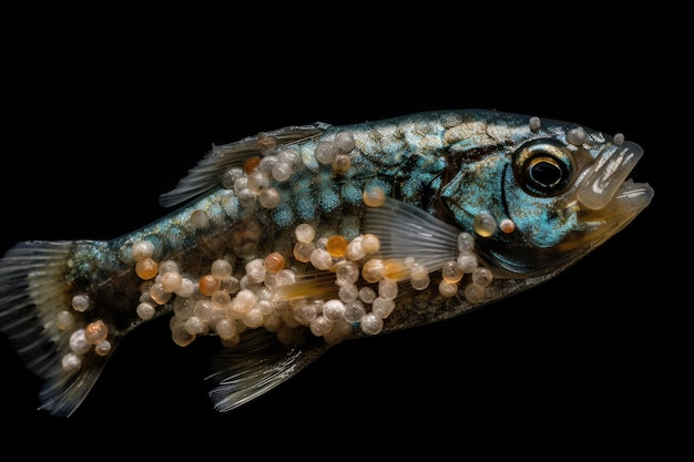 Microplastic in the stomach of a fish with undigested food visible created with generative ai