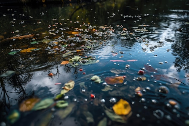 Microplastics drijvend op het oppervlak van een stille vijver gecreëerd met generatieve AI