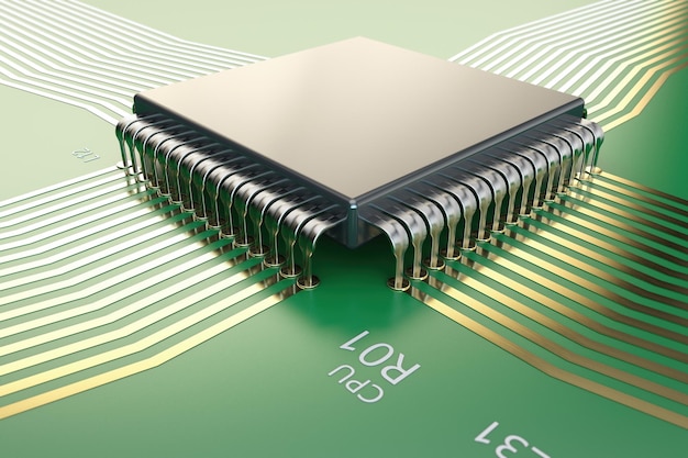 Microprocessor on a circuit board Closeup